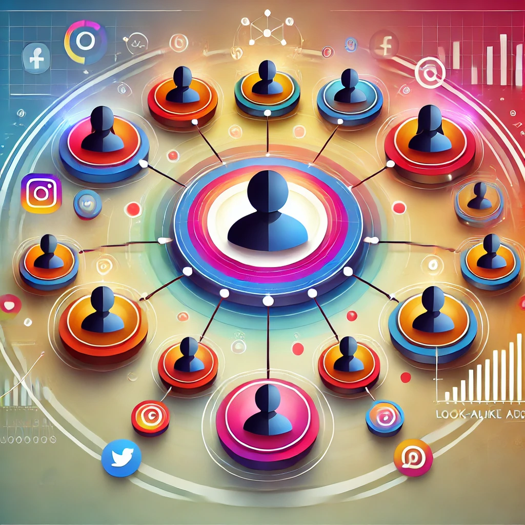 A modern and colorful 1:1 image representing look-alike audiences. The image features a central figure or user icon, with multiple similar user icons branching out in a circular pattern, symbolizing the creation of look-alike audiences. Surrounding these icons are engagement metrics and social media platform symbols, highlighting the use of look-alike audiences in advertising and targeting. The design uses vibrant colors, clean lines, and abstract elements in a sleek, professional layout. The background includes subtle gradients or abstract patterns to emphasize the concept of expanding reach through look-alike audiences.