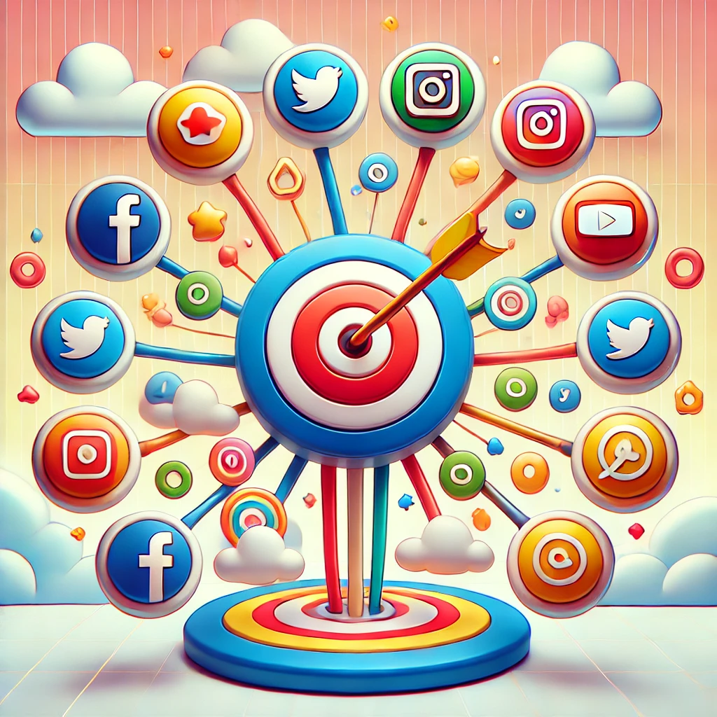 A slightly cartoony 1:1 image representing cross-platform targeting. The image features a central target icon with colorful and playful social media platform icons such as Facebook, Instagram, Twitter, and YouTube branching out from the center. The icons are stylized with fun, exaggerated shapes, and arrows or lines connect the platforms to the target, symbolizing targeting across multiple platforms. The design uses bright, engaging colors and playful digital elements, giving it a cartoony and approachable look. The background includes light and cheerful patterns, emphasizing the concept of cross-platform targeting in a fun, visually appealing way.