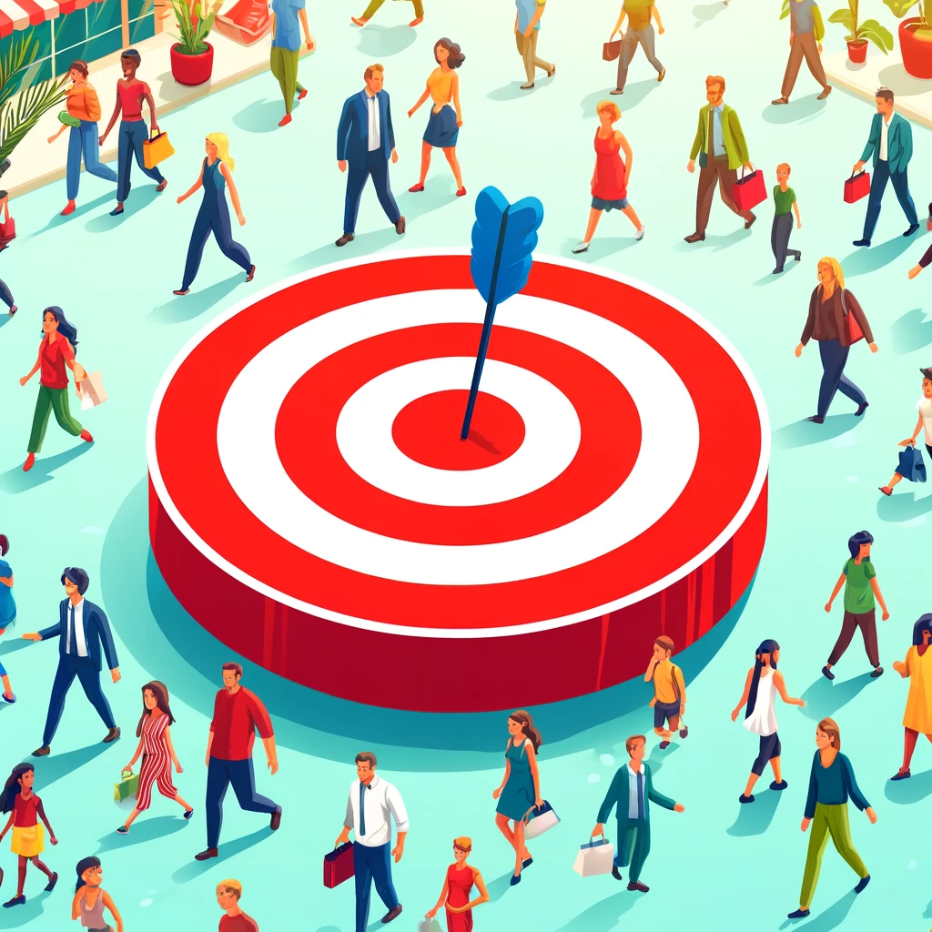 A big target surrounded by people walking, representing the target audience