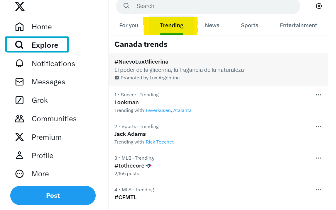 Screenshot of the Twitter/X platform showing where the Trends are
