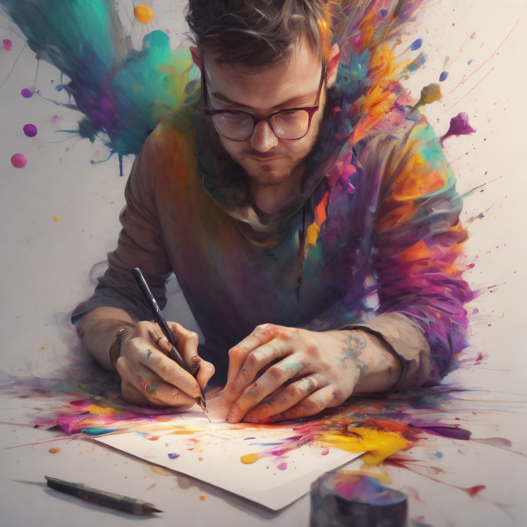 A colorful image of a man creatively writing a blogpost